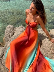 2025 Women Tie-Dye Gradient Slim Fit off Waist Long Dress Sexy Contrast Hollow Out Pleated Hem Robe Chic Lady Party Holiday Wear