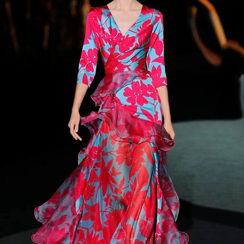 Fashion Elegant Red Floral Pattern Party Banquet Dress Women Boho Splicing Ruffle Maxi Dress Temperament Print Slim A-Line Dress