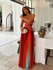 2025 Women Tie-Dye Gradient Slim Fit off Waist Long Dress Sexy Contrast Hollow Out Pleated Hem Robe Chic Lady Party Holiday Wear