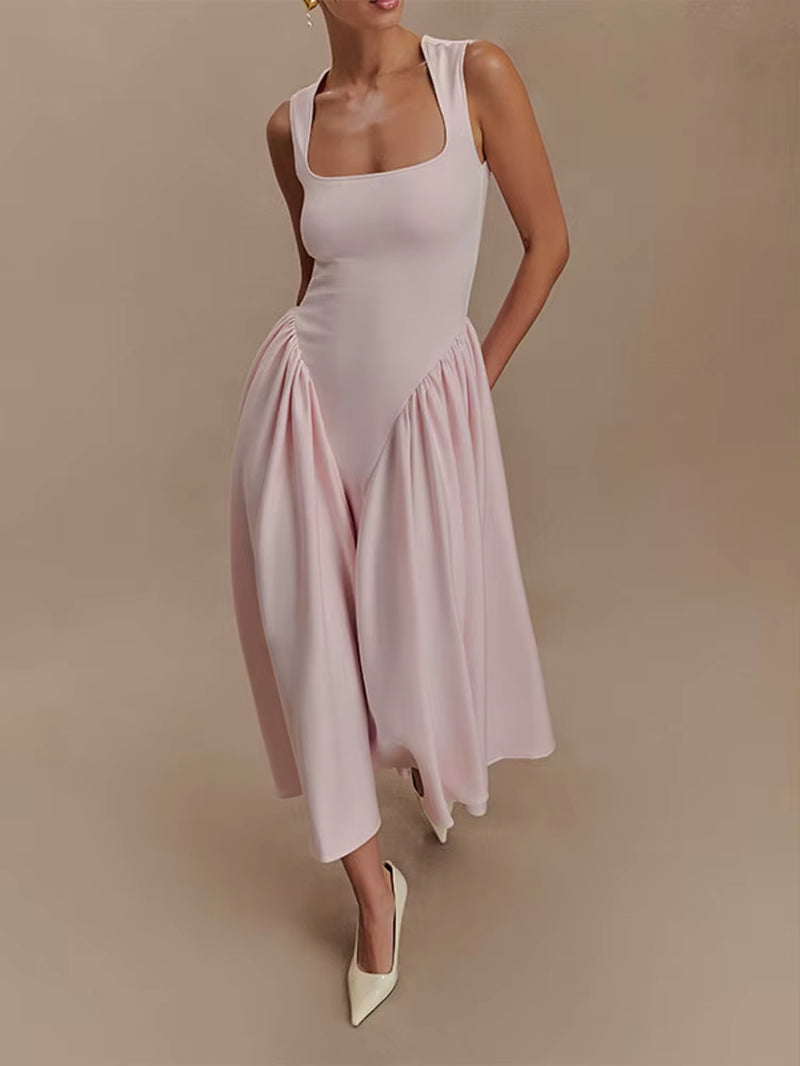 Elegant Solid High Waist Pleated A-Line Dress Women Sexy Backless Sleeveless Slim Halter Dresses 2025 New Street Party Vestidos