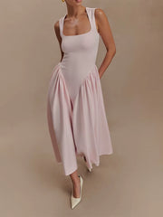 Elegant Solid High Waist Pleated A-Line Dress Women Sexy Backless Sleeveless Slim Halter Dresses 2025 New Street Party Vestidos