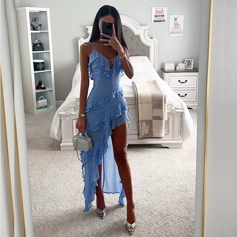 Elegant Solid Color High Split Layered Dress Sexy V-Neck Ruffle Irregular Party Dress Female Sleeveless Holiday Slim Beach Dress