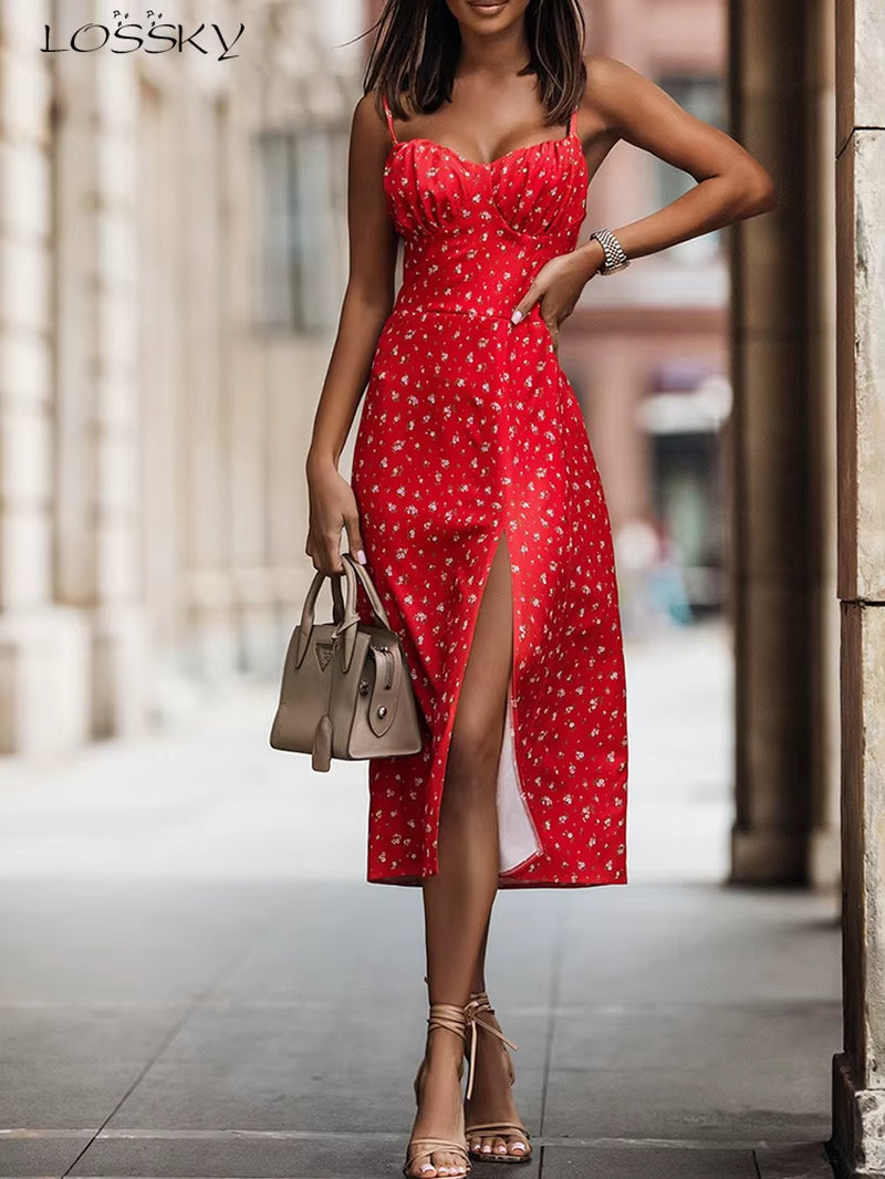 Summer Sexy Midi Dress Women Fashion White Floral Print Backless Beach Sundresses Casual Slim Slit Sleeveless Dress 2025 New