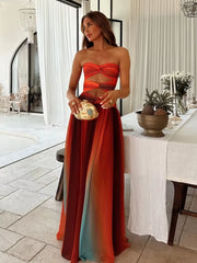 2025 Women Tie-Dye Gradient Slim Fit off Waist Long Dress Sexy Contrast Hollow Out Pleated Hem Robe Chic Lady Party Holiday Wear