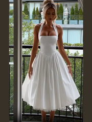 Elegant Solid High Waist Pleated A-Line Dress Women Sexy Backless Sleeveless Slim Halter Dresses 2025 New Street Party Vestidos