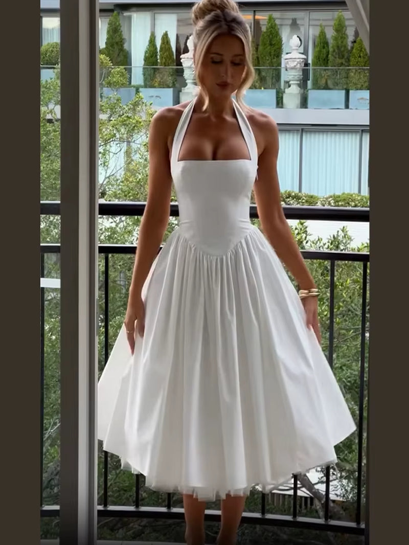 Elegant Solid High Waist Pleated A-Line Dress Women Sexy Backless Sleeveless Slim Halter Dresses 2025 New Street Party Vestidos