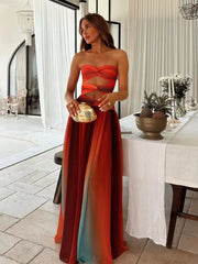 2025 Women Tie-Dye Gradient Slim Fit off Waist Long Dress Sexy Contrast Hollow Out Pleated Hem Robe Chic Lady Party Holiday Wear