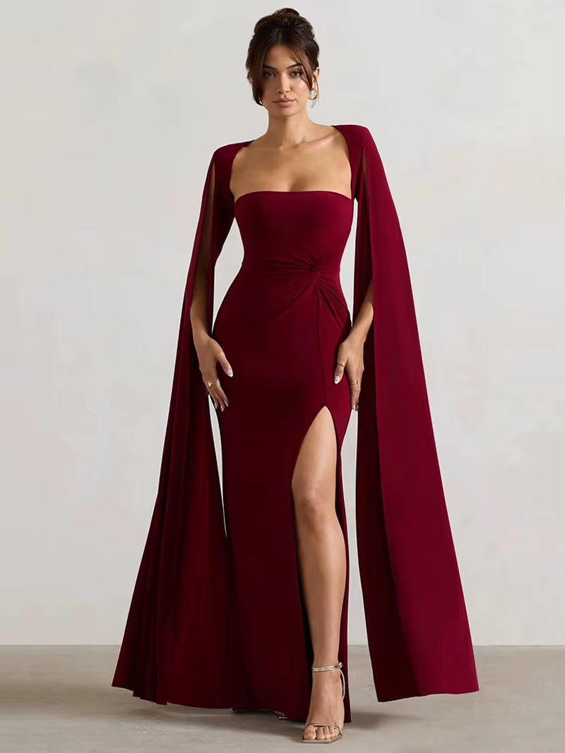 Long Cape Sleeve Split Maxi Dress for Women Gown Fashion Solid Square Collar Evening Sexy Long Dress Elegant New