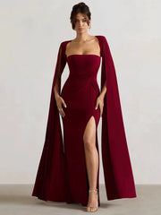Long Cape Sleeve Split Maxi Dress for Women Gown Fashion Solid Square Collar Evening Sexy Long Dress Elegant New