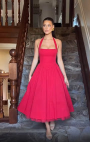 Elegant Solid High Waist Pleated A-Line Dress Women Sexy Backless Sleeveless Slim Halter Dresses 2025 New Street Party Vestidos