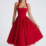 Elegant Solid High Waist Pleated A-Line Dress Women Sexy Backless Sleeveless Slim Halter Dresses 2025 New Street Party Vestidos