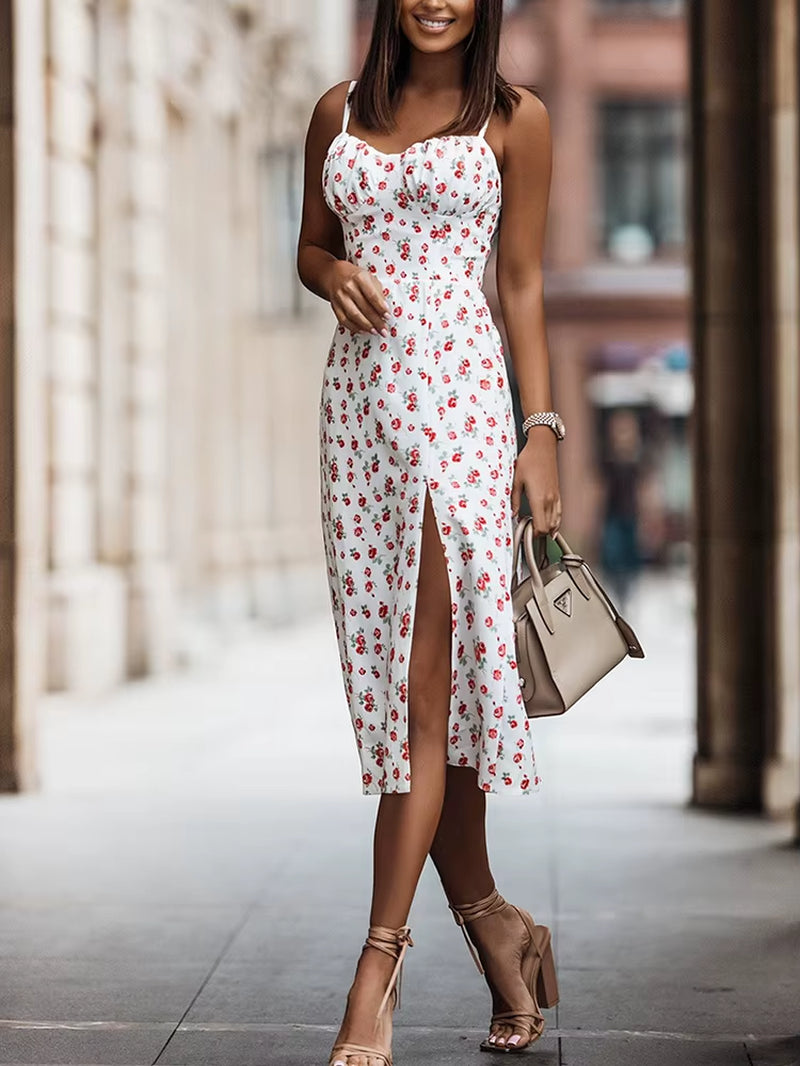 Summer Sexy Midi Dress Women Fashion White Floral Print Backless Beach Sundresses Casual Slim Slit Sleeveless Dress 2025 New