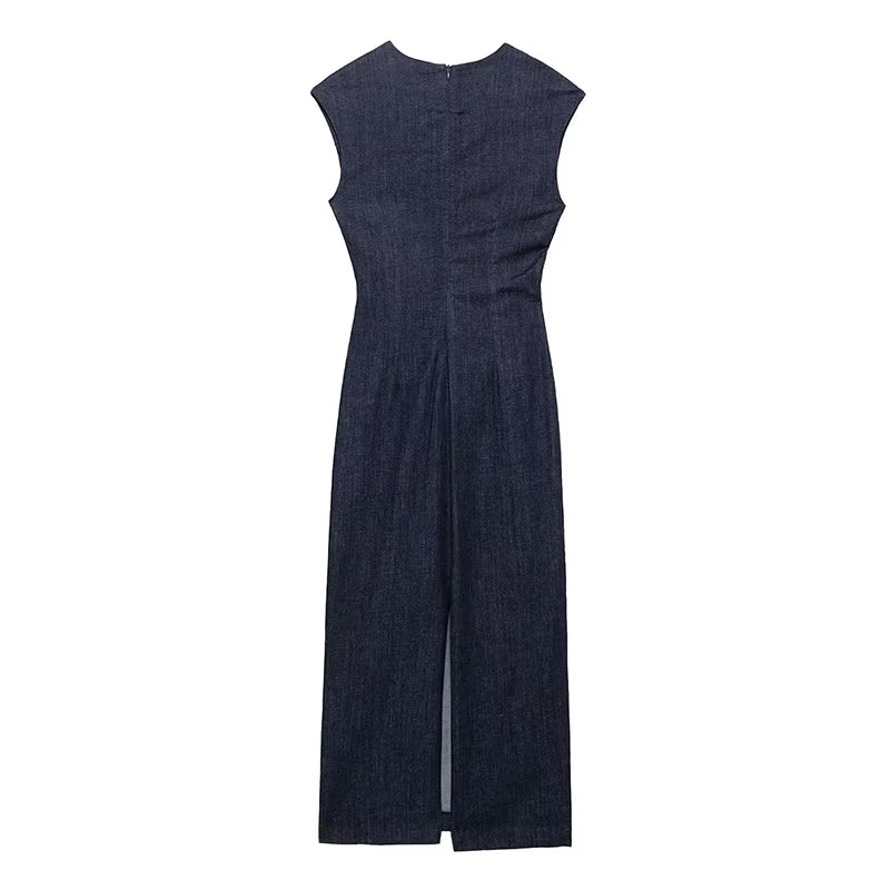 Women Fashion Denim Blue Pleated Back Zipper Slit Midi Dress Vintage O-Neck Sleeveless Female Chic Lady Dresses