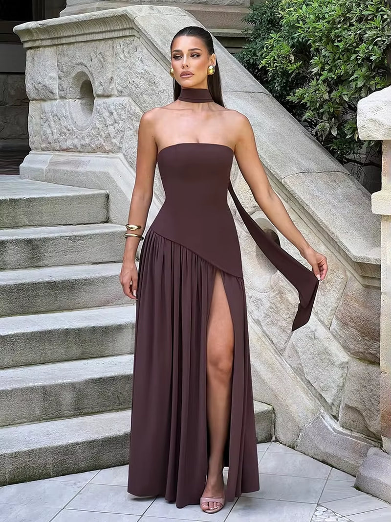 Irregular Slit Vacation Long Dress for Women Elegant Contrast Slim Ribbon Dress Back Lace up Female Strapless Summer New