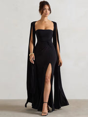 Long Cape Sleeve Split Maxi Dress for Women Gown Fashion Solid Square Collar Evening Sexy Long Dress Elegant New