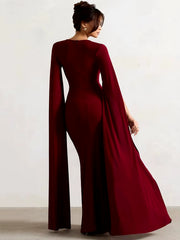 Long Cape Sleeve Split Maxi Dress for Women Gown Fashion Solid Square Collar Evening Sexy Long Dress Elegant New