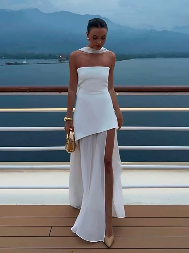 Fashion Strapless Ribbon Mesh Patchwork Maxi Dress Elegant Sleeveless Backless Vacation Long Robes 2025 New Women Beach Dresses