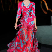Fashion Elegant Red Floral Pattern Party Banquet Dress Women Boho Splicing Ruffle Maxi Dress Temperament Print Slim A-Line Dress