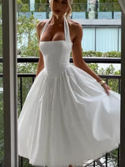 Elegant Solid High Waist Pleated A-Line Dress Women Sexy Backless Sleeveless Slim Halter Dresses 2025 New Street Party Vestidos