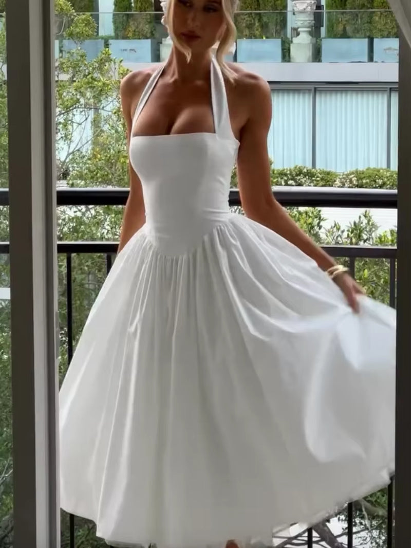 Elegant Solid High Waist Pleated A-Line Dress Women Sexy Backless Sleeveless Slim Halter Dresses 2025 New Street Party Vestidos