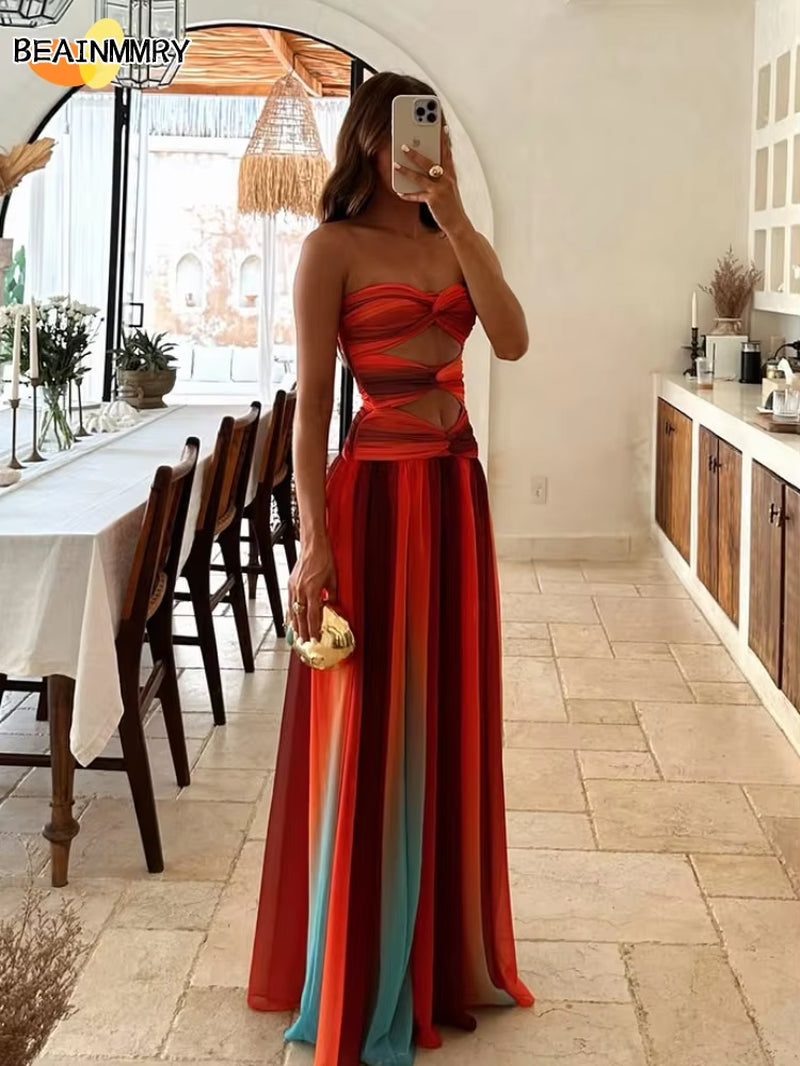 2025 Women Tie-Dye Gradient Slim Fit off Waist Long Dress Sexy Contrast Hollow Out Pleated Hem Robe Chic Lady Party Holiday Wear