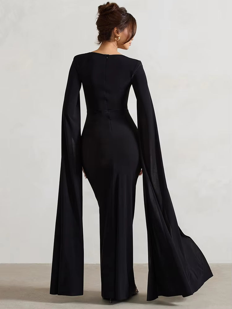 Long Cape Sleeve Split Maxi Dress for Women Gown Fashion Solid Square Collar Evening Sexy Long Dress Elegant New