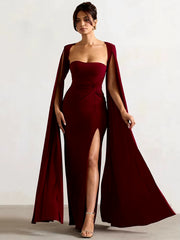 Long Cape Sleeve Split Maxi Dress for Women Gown Fashion Solid Square Collar Evening Sexy Long Dress Elegant New