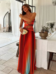 2025 Women Tie-Dye Gradient Slim Fit off Waist Long Dress Sexy Contrast Hollow Out Pleated Hem Robe Chic Lady Party Holiday Wear