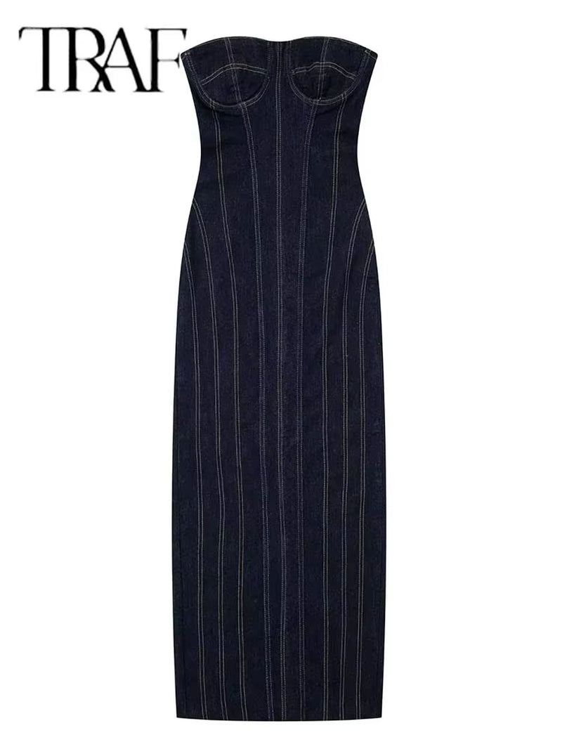 2025 New Dresses for Women Tube Top Elastic Tight Dress Summer Backless Sexy Evening Dresses Denim Midi Party Dresses