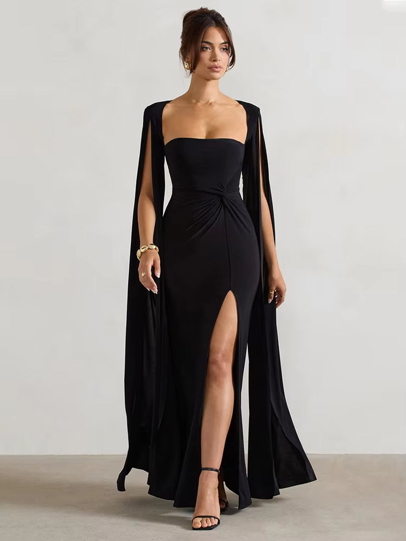 Long Cape Sleeve Split Maxi Dress for Women Gown Fashion Solid Square Collar Evening Sexy Long Dress Elegant New