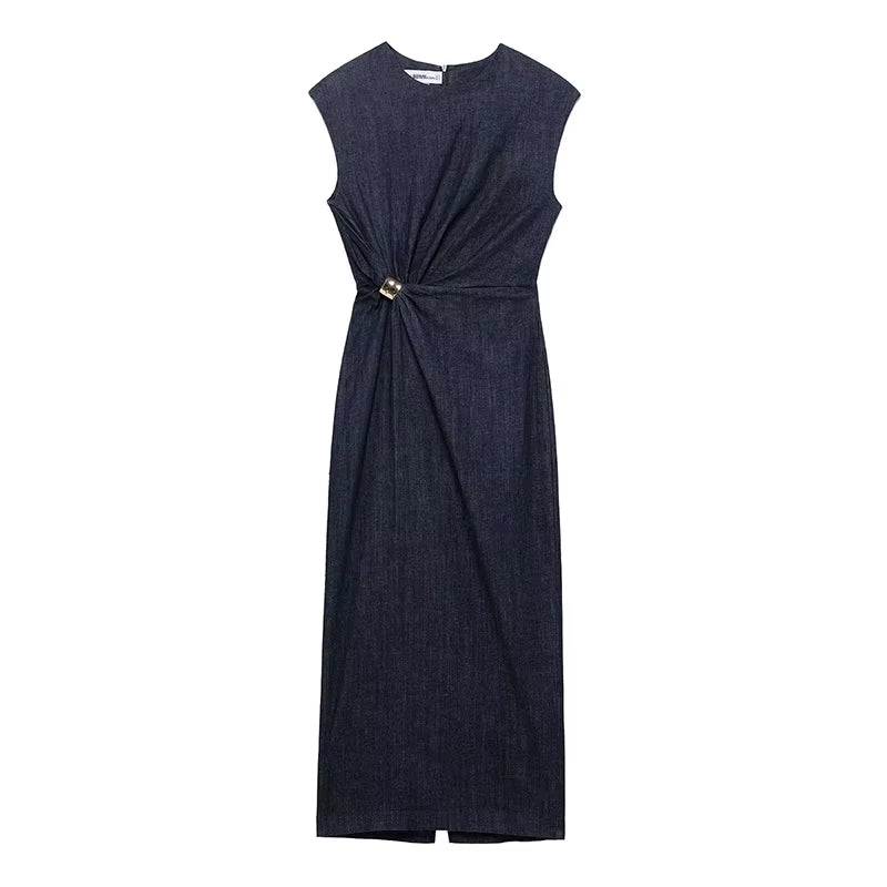 Women Fashion Denim Blue Pleated Back Zipper Slit Midi Dress Vintage O-Neck Sleeveless Female Chic Lady Dresses