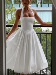 Elegant Solid High Waist Pleated A-Line Dress Women Sexy Backless Sleeveless Slim Halter Dresses 2025 New Street Party Vestidos