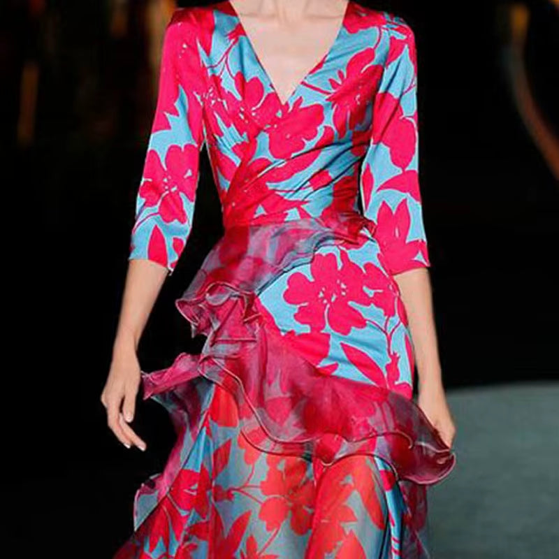 Fashion Elegant Red Floral Pattern Party Banquet Dress Women Boho Splicing Ruffle Maxi Dress Temperament Print Slim A-Line Dress